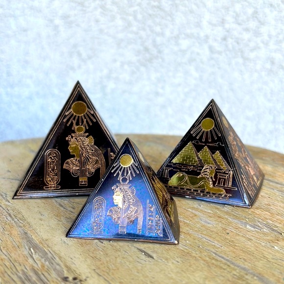 Vintage Three Egyptian Etched Brass Pyramids
